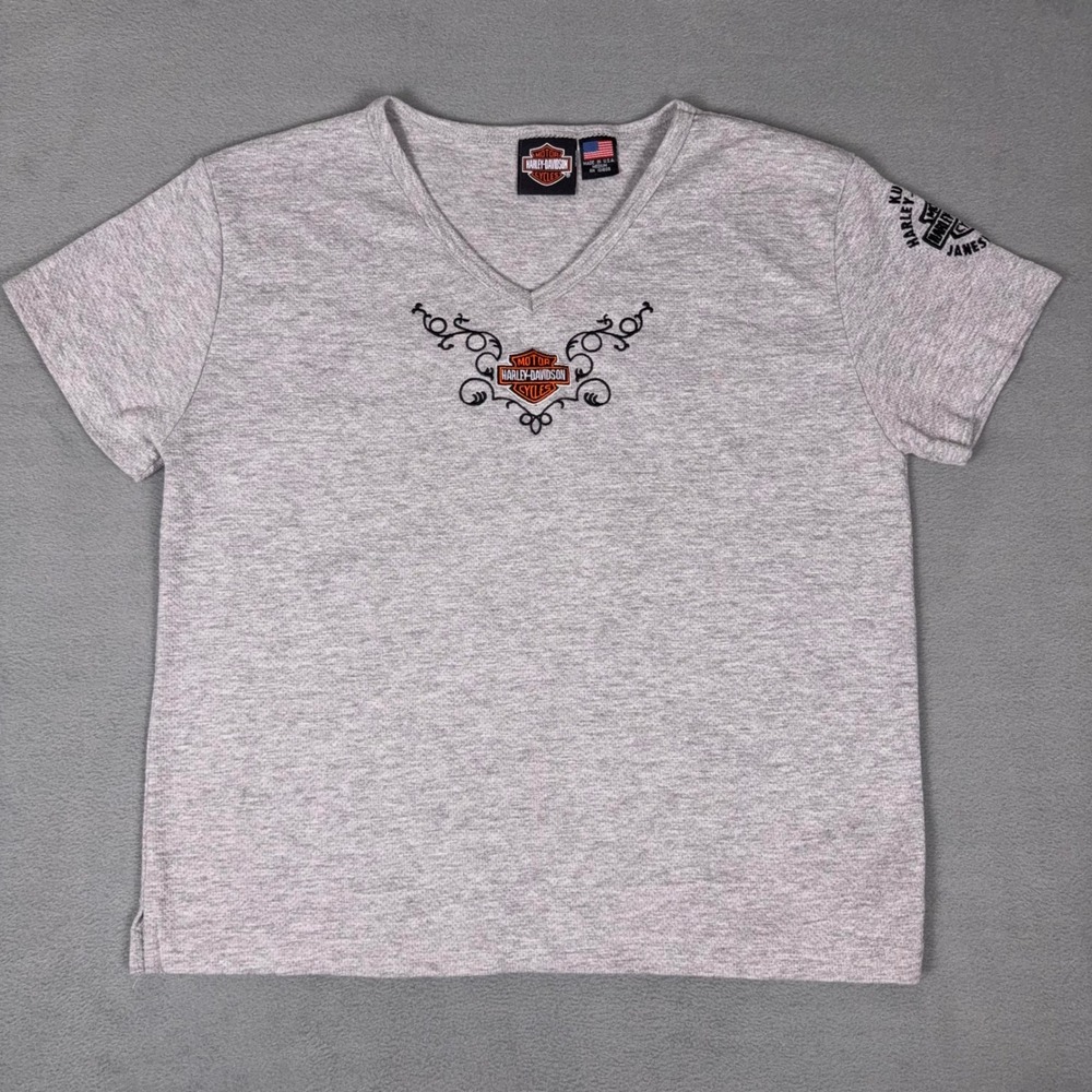 Harley-Davidson Womens V-Neck Embroidered Bar Shield Logo‎ T-Shirt Gray M USA